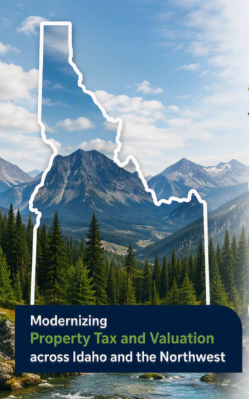 image of an idaho map overlay on a pacific northwest skyline background